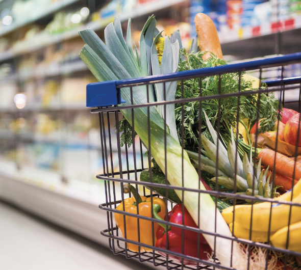 Grocery store cart filled with produce